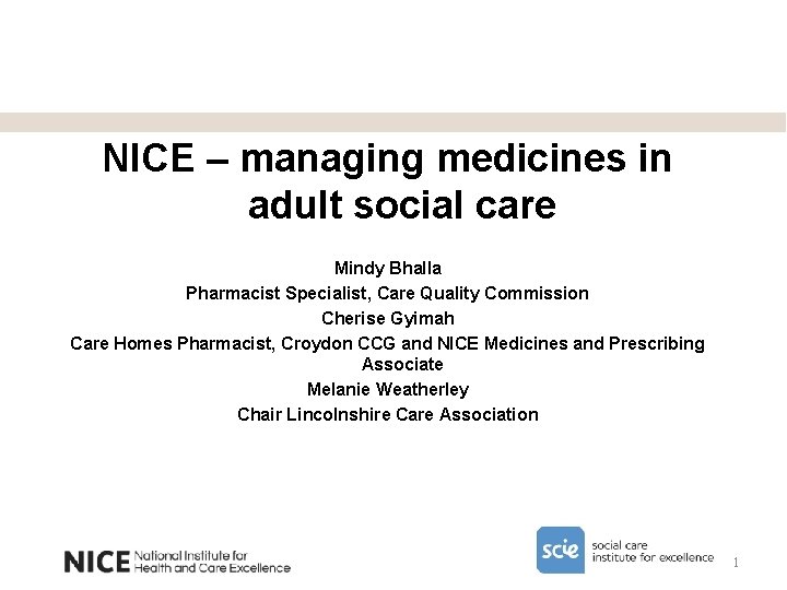 NICE – managing medicines in adult social care Mindy Bhalla Pharmacist Specialist, Care Quality