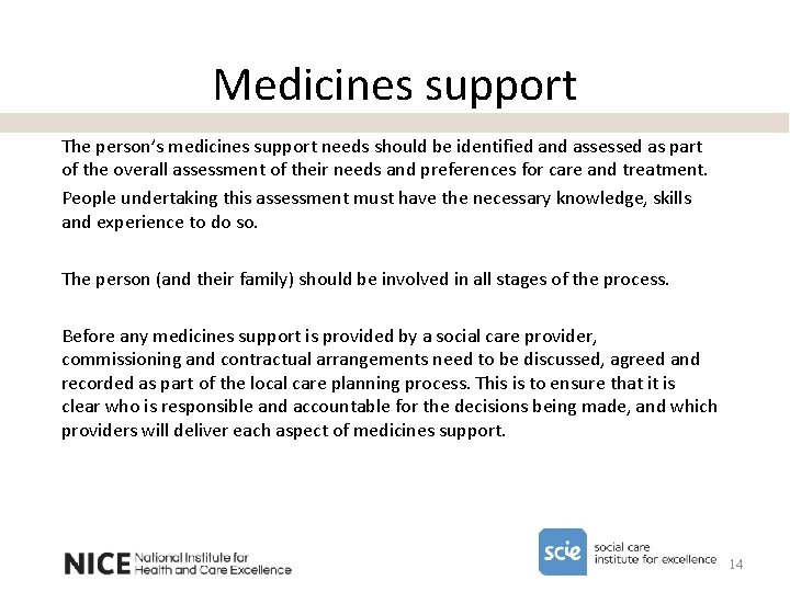 Medicines support The person’s medicines support needs should be identified and assessed as part