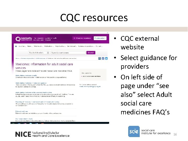 CQC resources • CQC external website • Select guidance for providers • On left