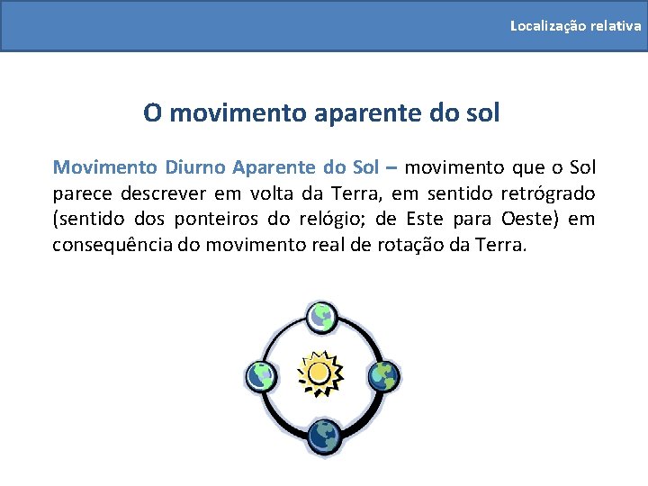 Localização relativa O movimento aparente do sol Movimento Diurno Aparente do Sol – movimento