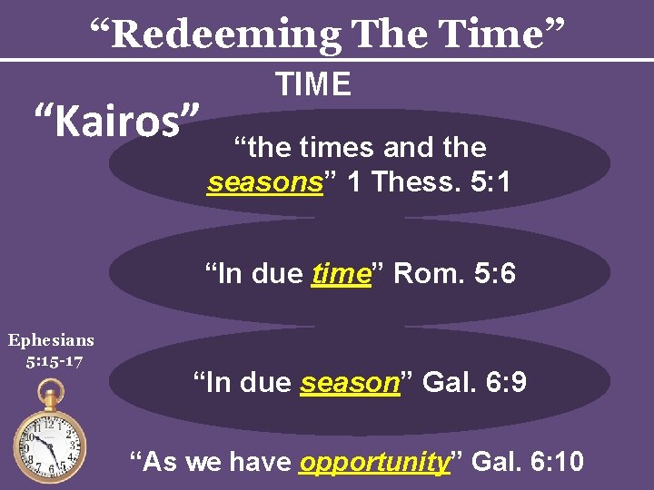 “Redeeming The Time” “Kairos” TIME “the times and the seasons” 1 Thess. 5: 1