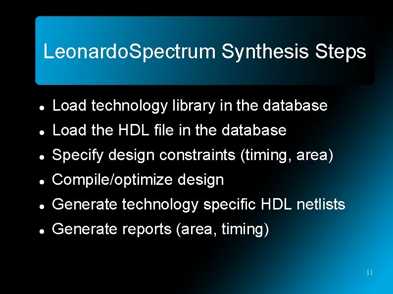 Leonardo. Spectrum Synthesis Steps Load technology library in the database Load the HDL file