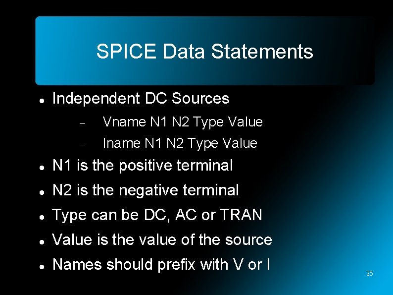 SPICE Data Statements Independent DC Sources Vname N 1 N 2 Type Value Iname