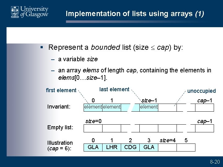 Implementation of lists using arrays (1) § Represent a bounded list (size cap) by: