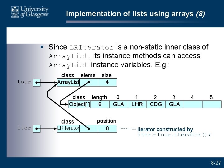 Implementation of lists using arrays (8) § Since LRIterator is a non-static inner class