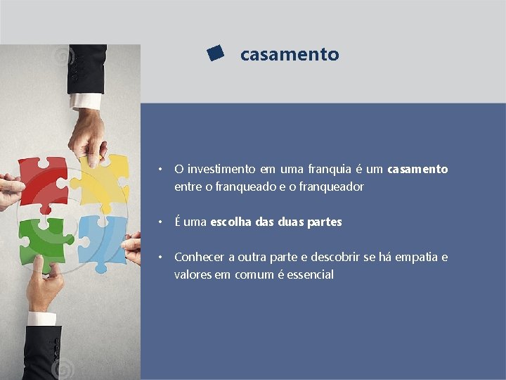 casamento • O investimento em uma franquia é um casamento entre o franqueador •