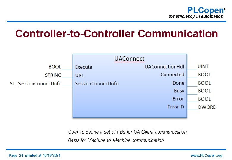 PLCopen for efficiency in automation Controller-to-Controller Communication Goal: to define a set of FBs