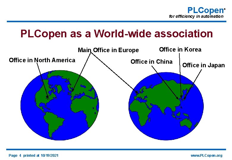 PLCopen ® for efficiency in automation PLCopen as a World-wide association Main Office in