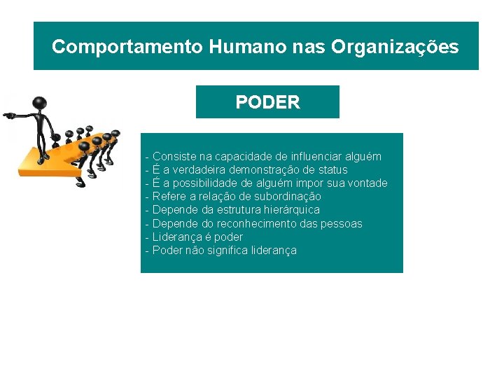 Comportamento Humano nas Organizações PODER - Consiste na capacidade de influenciar alguém - É