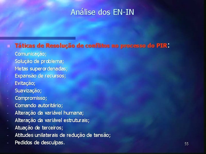 Análise dos EN-IN n - Táticas de Resolução de conflitos no processo do PIR: