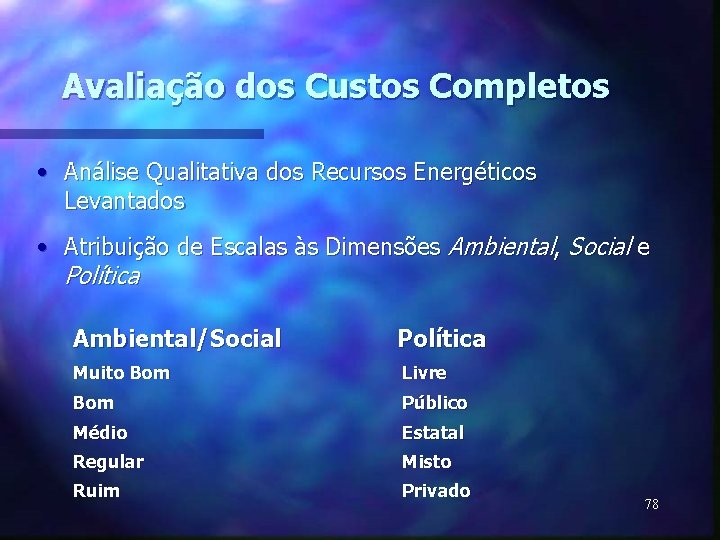 Avaliação dos Custos Completos • Análise Qualitativa dos Recursos Energéticos Levantados • Atribuição de