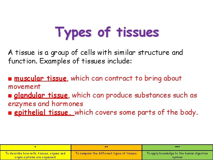 Types of tissues A tissue is a group of cells with similar structure and