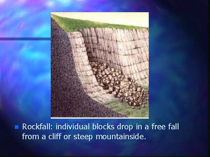 n Rockfall: individual blocks drop in a free fall from a cliff or steep