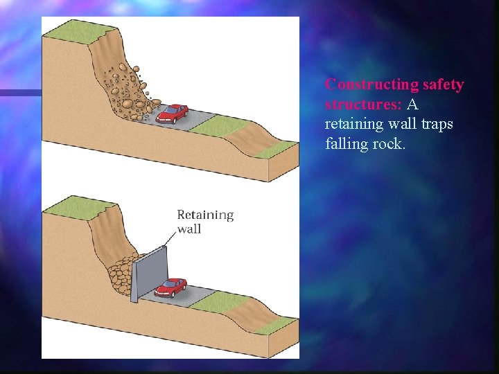 Constructing safety structures: A retaining wall traps falling rock. 