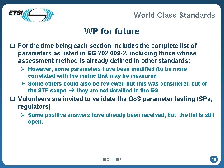 World Class Standards WP for future q For the time being each section includes