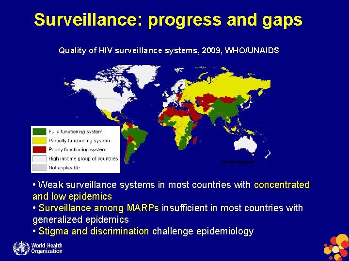 Surveillance: progress and gaps Quality of HIV surveillance systems, 2009, WHO/UNAIDS • Weak surveillance