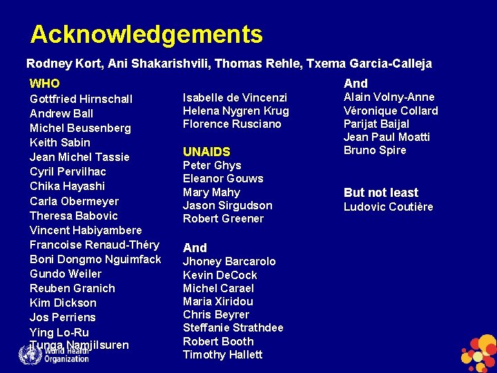 Acknowledgements Rodney Kort, Ani Shakarishvili, Thomas Rehle, Txema Garcia-Calleja And WHO Gottfried Hirnschall Andrew