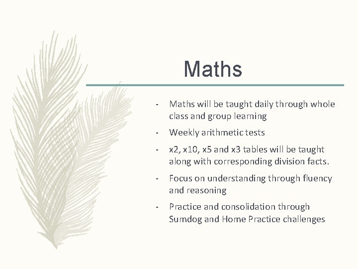 Maths - Maths will be taught daily through whole class and group learning -