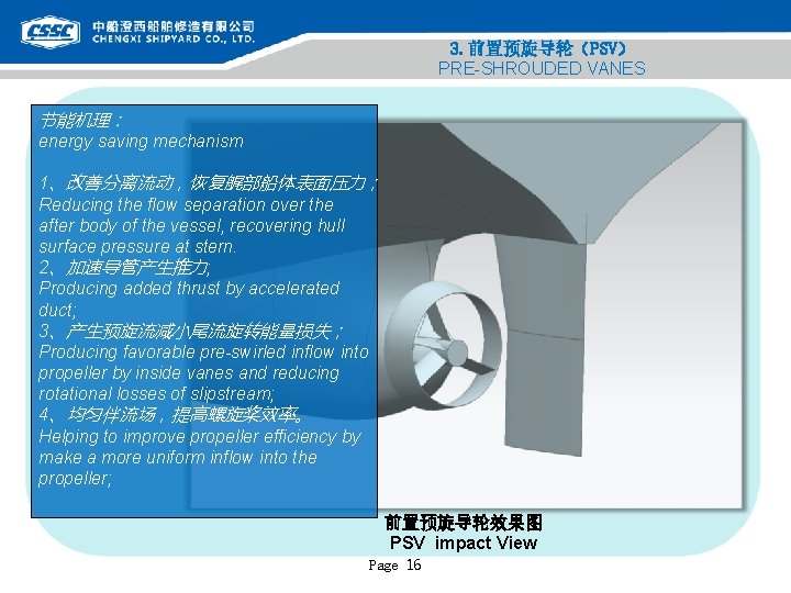 3. 前置预旋导轮（PSV） PRE SHROUDED VANES 节能机理： energy saving mechanism 1、改善分离流动，恢复艉部船体表面压力； Reducing the flow separation