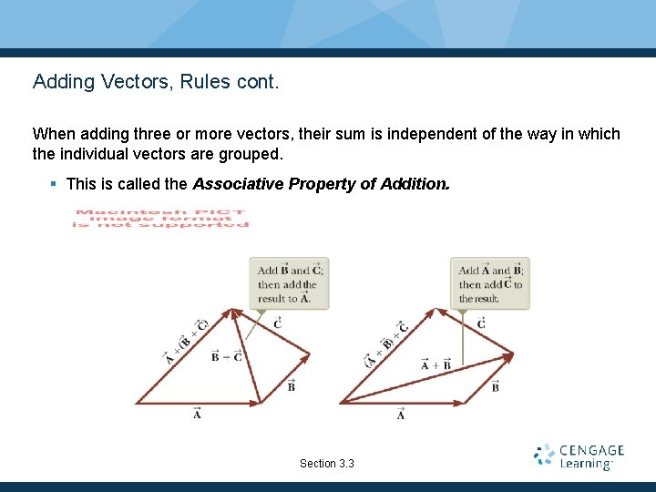 Adding Vectors, Rules cont. When adding three or more vectors, their sum is independent