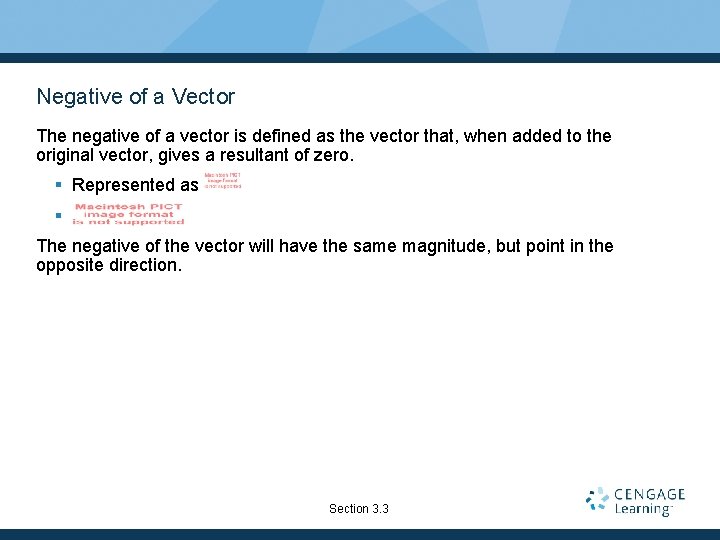 Negative of a Vector The negative of a vector is defined as the vector