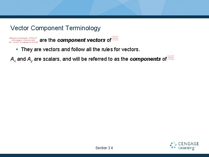 Vector Component Terminology are the component vectors of . § They are vectors and