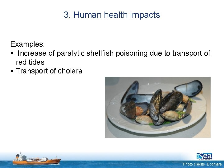 3. Human health impacts Examples: § Increase of paralytic shellfish poisoning due to transport