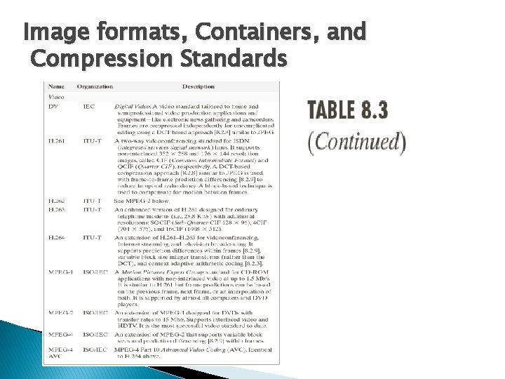 Image formats, Containers, and Compression Standards 