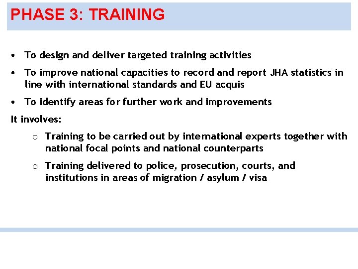 PHASE 3: TRAINING • To design and deliver targeted training activities • To improve