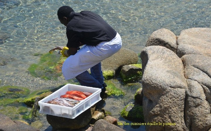 Un des cuisiniers écaille le poisson 