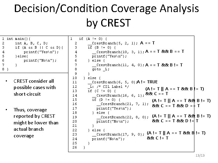 Decision/Condition Coverage Analysis by CREST 1 int main(){ 2 int A, B, C, D;