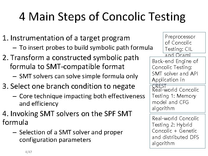 4 Main Steps of Concolic Testing Preprocessor of Concolic – To insert probes to