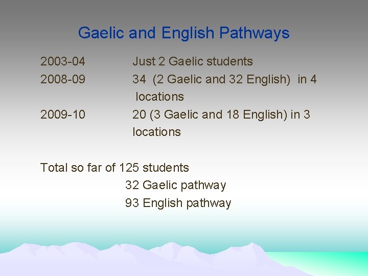 Gaelic and English Pathways 2003 -04 2008 -09 2009 -10 Just 2 Gaelic students