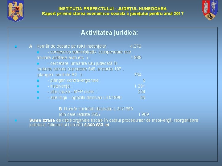 INSTITUŢIA PREFECTULUI - JUDEŢUL HUNEDOARA Raport privind starea economico-socială a judeţului pentru anul 201