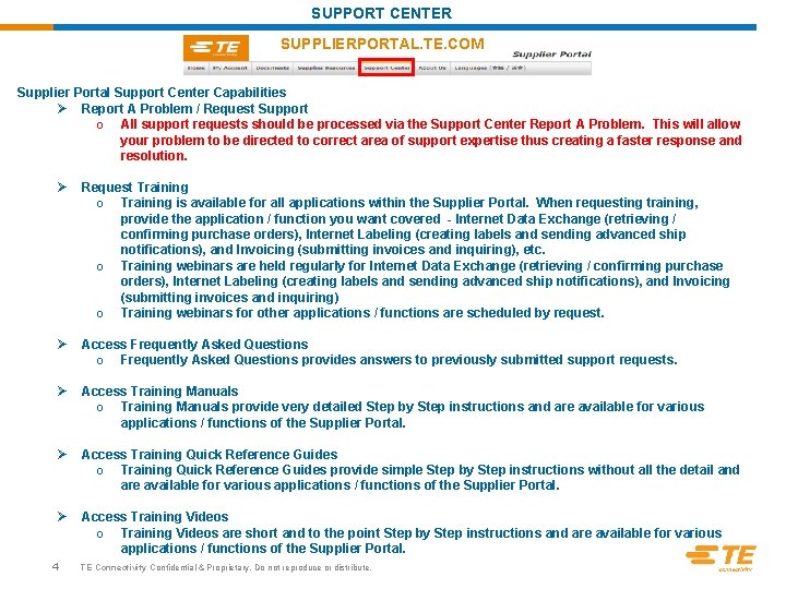 SUPPORT CENTER SUPPLIERPORTAL. TE. COM Supplier Portal Support Center Capabilities Ø Report A Problem