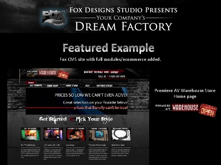 Fox CMS site with full modules/ecommerce added. Premiere AV Warehouse Store Home page 