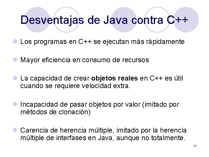 Desventajas de Java contra C++ l Los programas en C++ se ejecutan más rápidamente