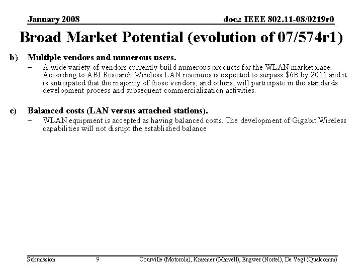 January 2008 doc. : IEEE 802. 11 -08/0219 r 0 Broad Market Potential (evolution