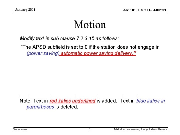 January 2004 doc. : IEEE 802. 11 -04/0062 r 1 Motion Modify text in