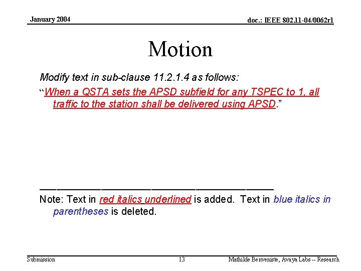 January 2004 doc. : IEEE 802. 11 -04/0062 r 1 Motion Modify text in