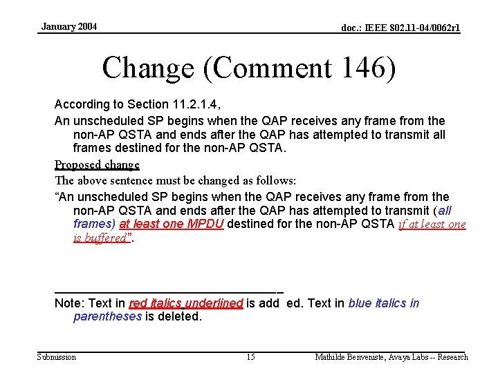 January 2004 doc. : IEEE 802. 11 -04/0062 r 1 Change (Comment 146) According