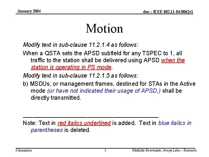 January 2004 doc. : IEEE 802. 11 -04/0062 r 1 Motion Modify text in