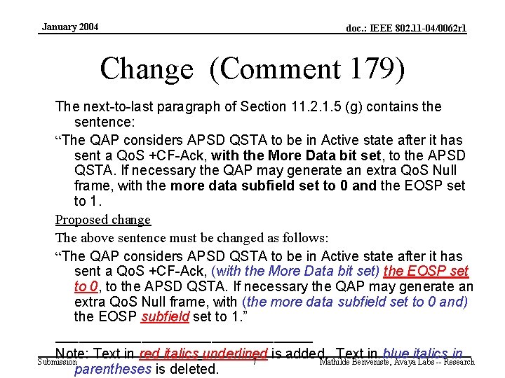 January 2004 doc. : IEEE 802. 11 -04/0062 r 1 Change (Comment 179) The