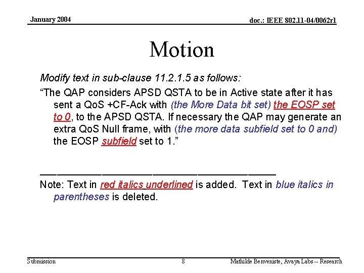 January 2004 doc. : IEEE 802. 11 -04/0062 r 1 Motion Modify text in