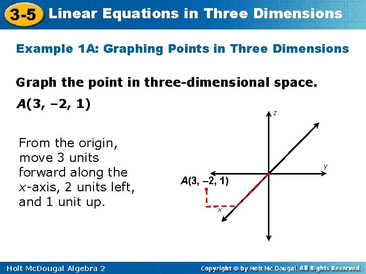 3 -5 Linear Equations in Three Dimensions Example 1 A: Graphing Points in Three