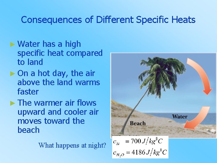 Consequences of Different Specific Heats ► Water has a high specific heat compared to