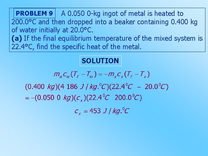 A 0. 050 0 -kg ingot of metal is heated to 200. 0°C and