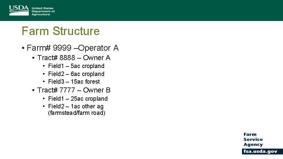 Farm Structure • Farm# 9999 –Operator A • Tract# 8888 – Owner A •