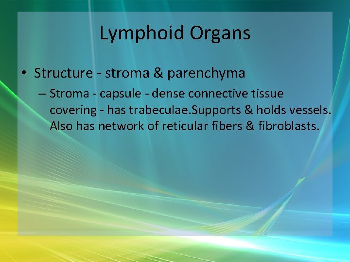 Lymphoid Organs • Structure - stroma & parenchyma – Stroma - capsule - dense