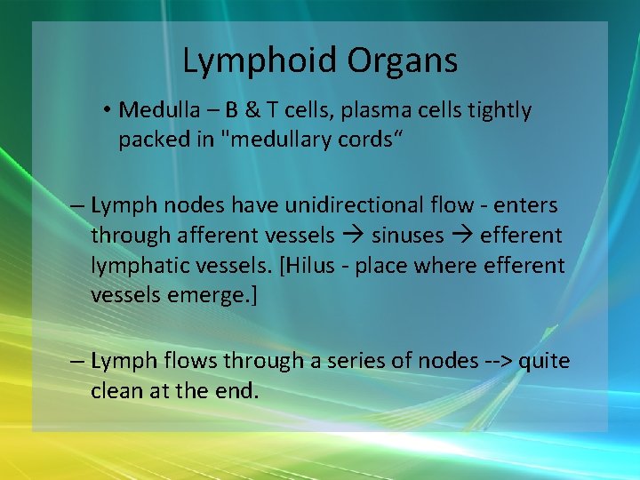 Lymphoid Organs • Medulla – B & T cells, plasma cells tightly packed in